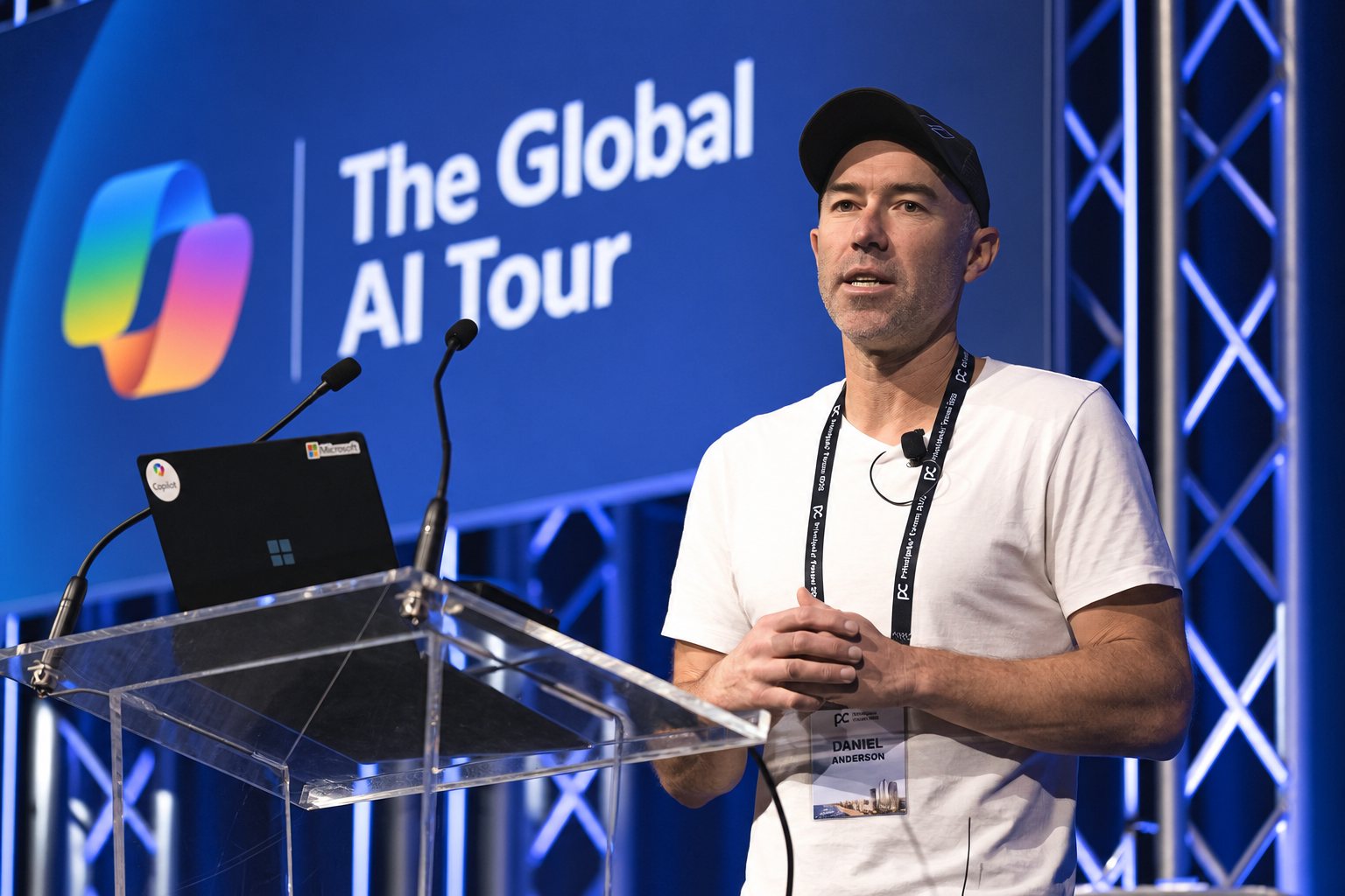 Daniel Anderson speaking on stage at The Global AI Tour